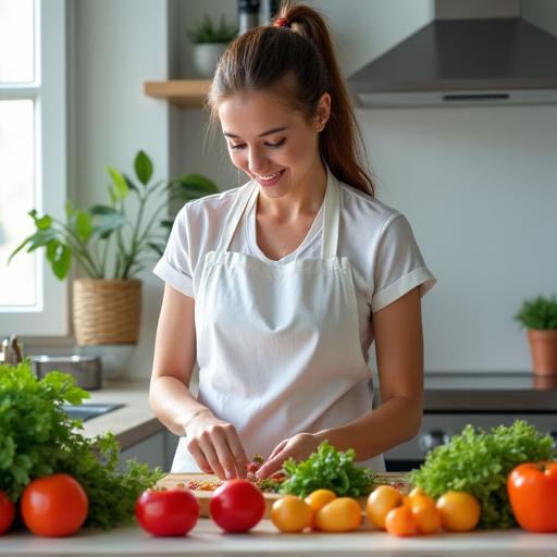 Eine Frau, die eine gesunde Mahlzeit zubereitet für nachhaltiges Gewichtsmanagement